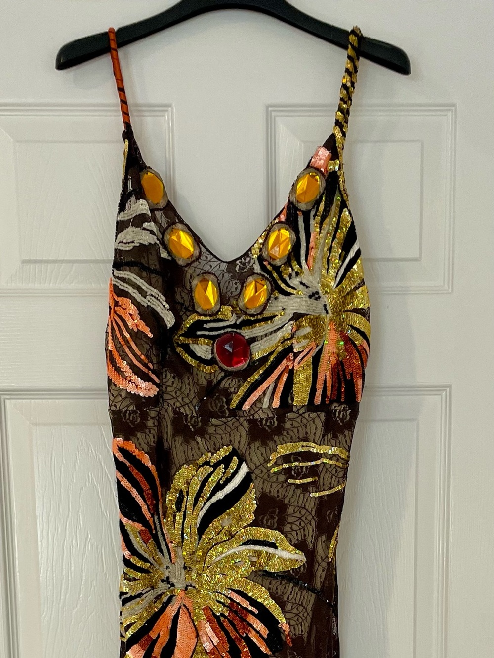 Sequin Floral Lace Dress in Brown, Gold & Orange